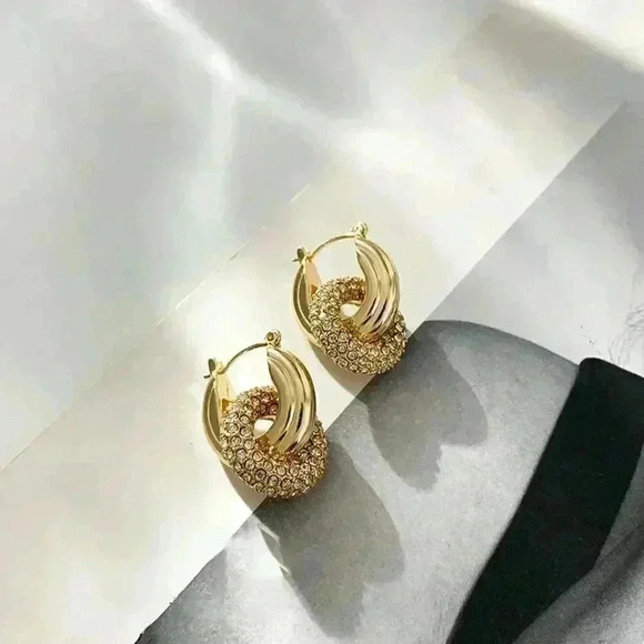 Yellow Gold Women's Gold Color Zinc Alloy Full Diamond Inlaid Hoop Earrings - Picture 2 of 5